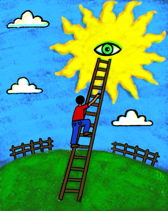 A colorful artistic illustration of a person in a red shirt and blue pants climbing a tall ladder up to a large yellow sun with a single green eye, set against a bright blue sky with clouds and a green hill with wooden fences.