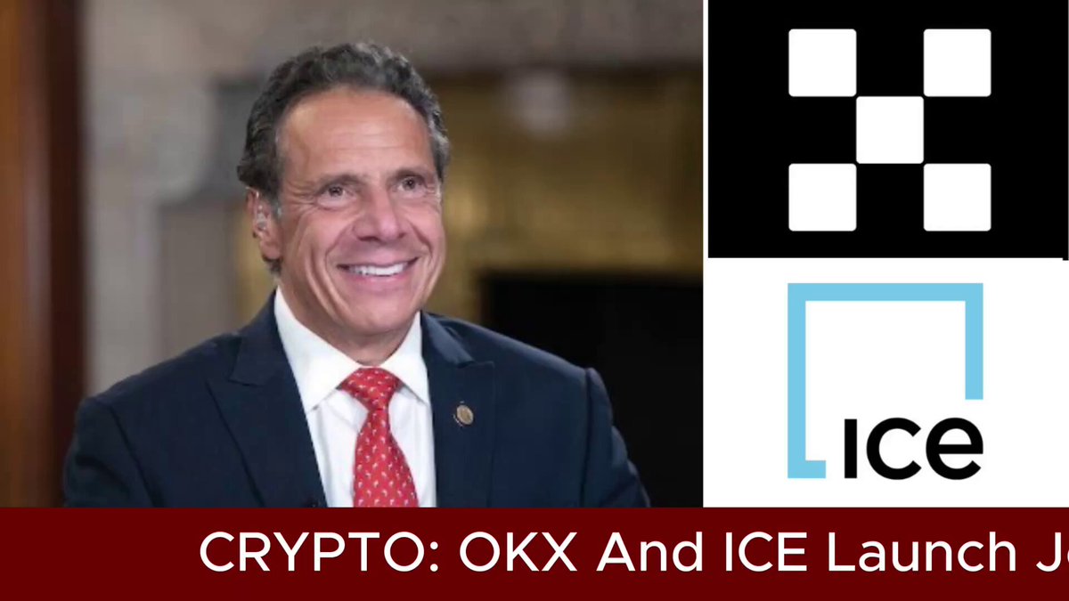 The image features a man wearing a suit and tie smiling for the camera while standing next to a logo that reads "ICE" and "OKX". Below this, there are two lines of text discussing a strategic joint venture between OKX and ICE in the context of bridging legacy markets with the on-chain economy. The post is about how former Governor Andrew Cuomo led the OKX-ICE joint venture to create a new entity that bridges legacy markets with the on-chain economy.