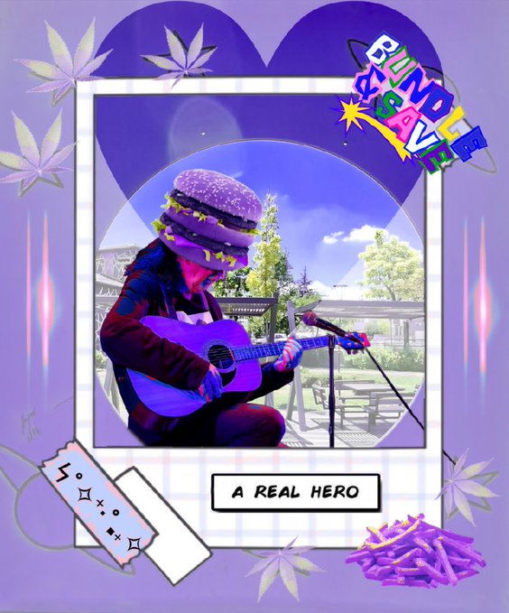 A purple-themed collage featuring a character with a burger-shaped head playing guitar, surrounded by cannabis leaves, with the text "A REAL HERO" and "SOUND PUNKZ" displayed, celebrating a successful NFT sale to collector @_Ramadzo.