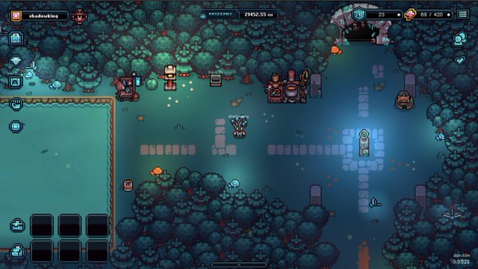 A screenshot from a 2D pixel-art mining/base-building game showing the player character 'shadowking' in a dark forest environment with various structures and a timer at 2:32.