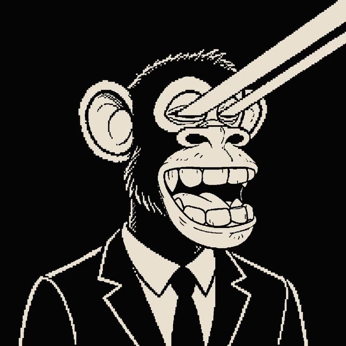A black-and-white stylized illustration of a grinning chimpanzee in a suit with glowing laser beams shooting from its eyes.