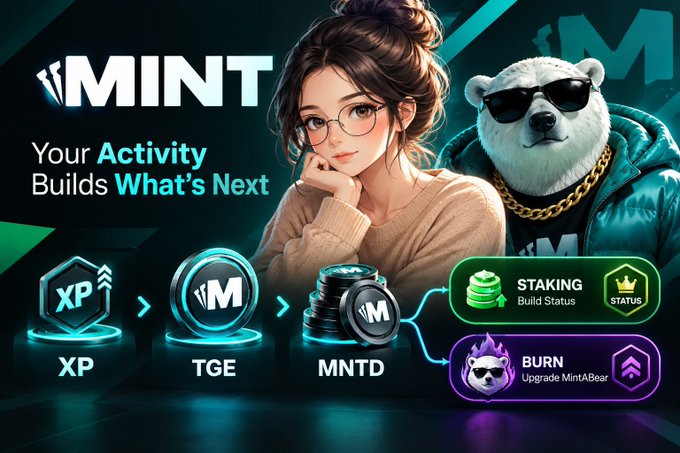 A promotional graphic for the MINT project displays the tagline 'Your Activity Builds What's Next' alongside an illustrated woman and bear mascot, showing progression from XP to TGE to MNTD with STAKING and BURN options.