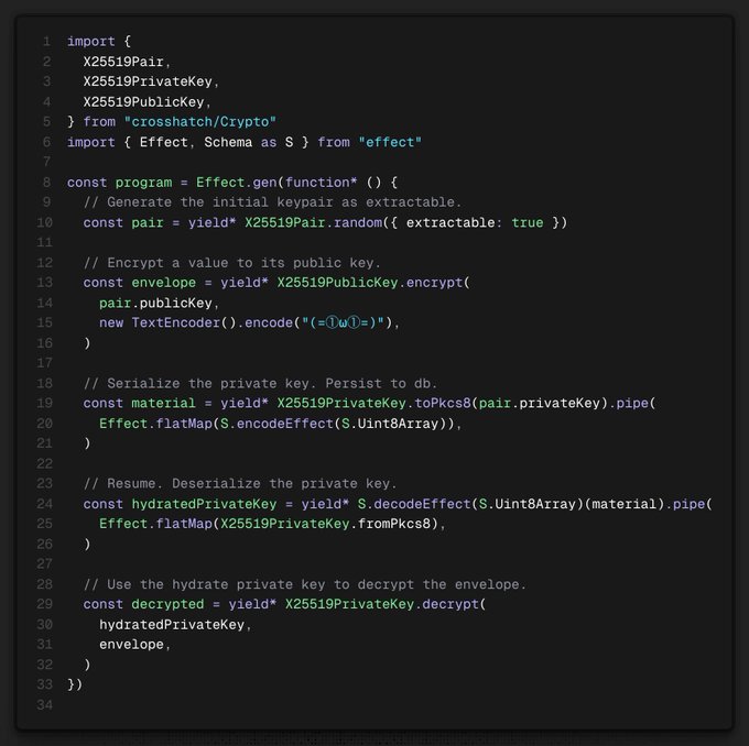 A code snippet using `@CrosshatchDev` `crosshatch/Crypto` library within an `Effect` program to generate an extractable X25519 keypair, encrypt a payload with the public key, serialize the private key to PKCS#8, and decrypt it after rehydration.