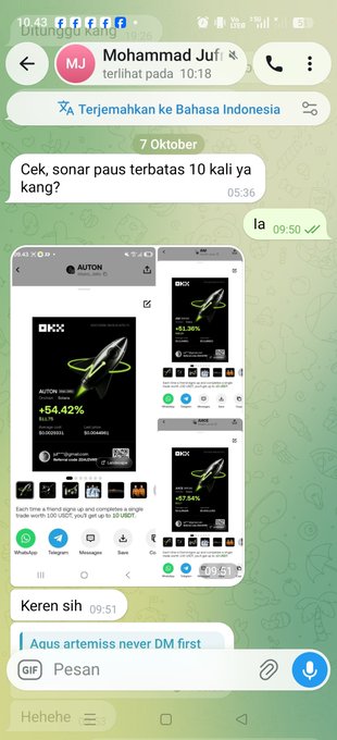A WhatsApp chat screenshot with "Mohammad Juf" in Indonesian, discussing trading signals with profit screenshots of "DHX AUTON" showing gains like +54.42% and +63.90%.