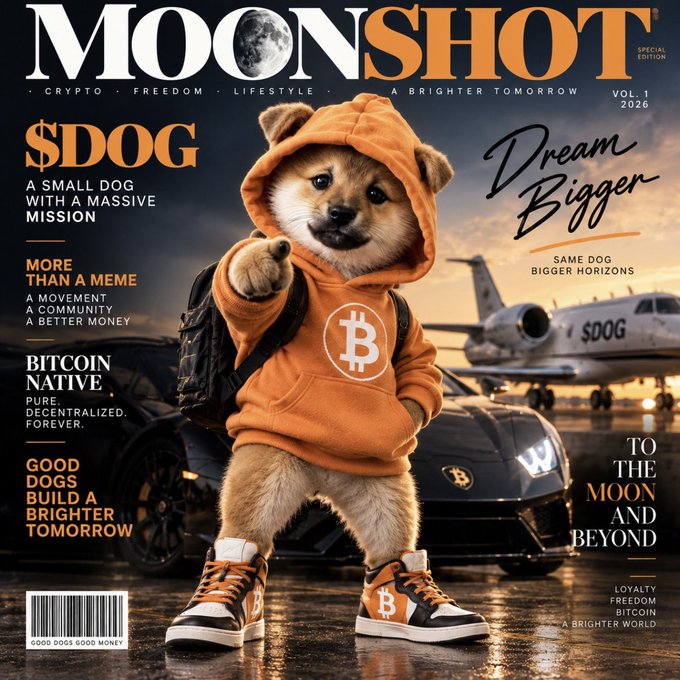 A magazine cover titled 'MOONSHOT' features '$DOG — A Small Dog With a Massive Mission,' showing a Shiba Inu dog wearing an orange Bitcoin hoodie, with text promoting Bitcoin-native features and 'To the Moon and Beyond.'