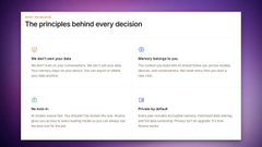 A webpage section titled 'The principles behind every decision' lists values such as 'We don't own your data', 'We don't belong to you', 'We build on', and 'We care by default'.