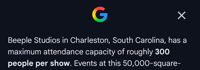 The image shows a Google search snippet stating that Beeple Studios in Charleston, South Carolina has a maximum attendance capacity of roughly 300 people per show, which supports the post's concern that the venue may be too small to accommodate more than 300 attendees for an event like ApeFest.