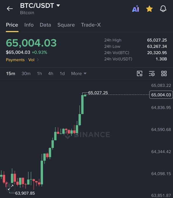 A Binance trading chart shows BTC/USDT trading at $65,004.03 (+0.93%), with the price action displaying a strong upward move from a low of $63,907.85 to a 24h high of $65,027.25, visually confirming Bitcoin's recovery above the $65,000 mark.