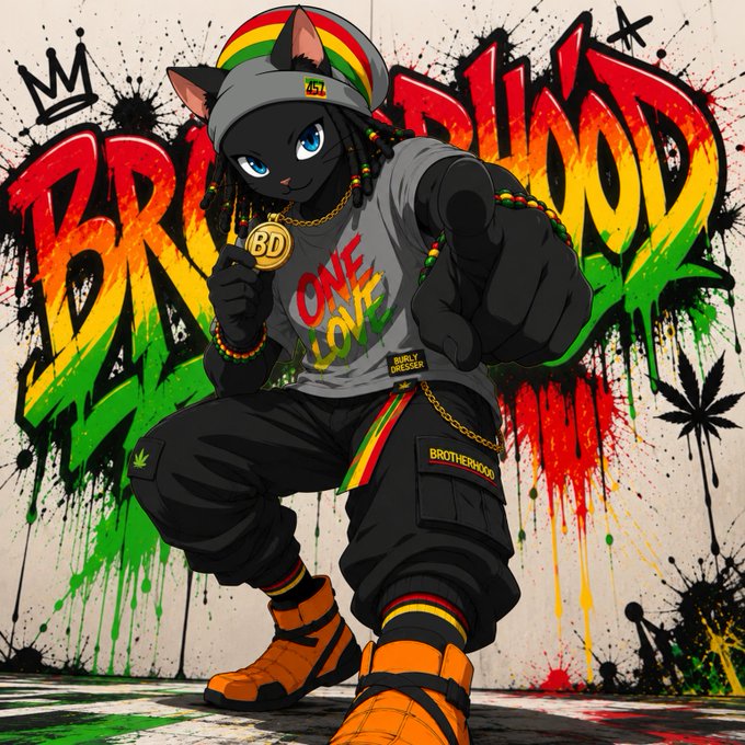 The image features a stylized cartoon cat character in streetwear with dreadlocks, holding a "BD" medallion, set against graffiti spelling "BRATHOOD" in Rasta colors, visually representing the bold, rebellious "Brotherhood" NFT brand identity referenced in the post.