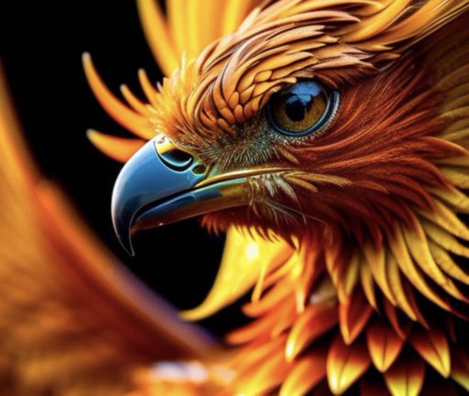 Detailed digital illustration of a fiery orange eagle or phoenix with a sharp beak.