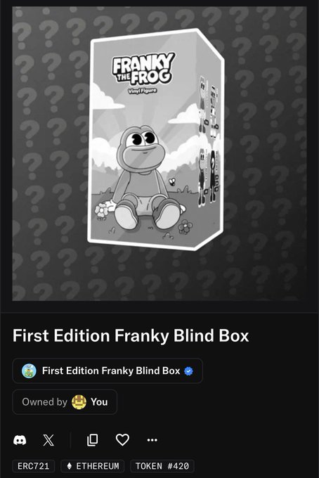 NFT listing for 'First Edition Franky Blind Box' featuring a grayscale illustration of 'FRANKY THE FROG' on the box, owned by the user, with token #420 on ERC721 Ethereum.