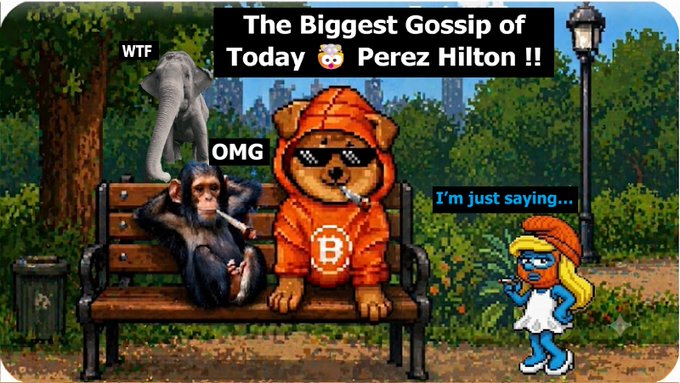 A cartoon parody image titled "The Biggest Gossip of Today 😱 Perez Hilton!!" featuring an elephant, a smoking chimpanzee ("OMG"), a bear in an orange Bitcoin hoodie with sunglasses, and a Smurfette character saying "I'm just saying..."