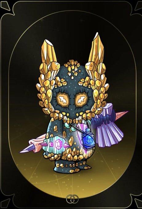 A stylized tarot-card-style illustration of a small, dark blue figure adorned with golden crystals, glowing star eyes, and holding crystalline purple and teal objects.