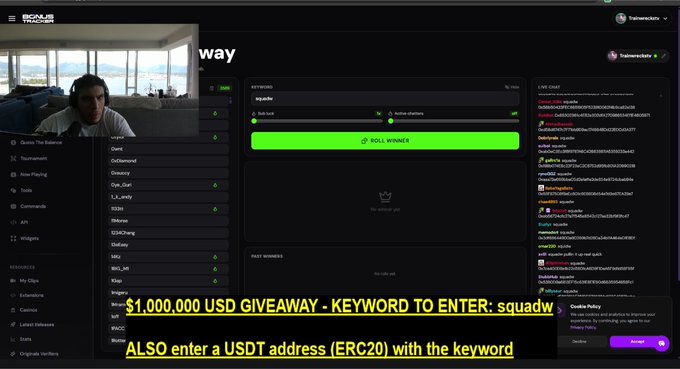 This screenshot from Trainwreckstv's stream shows a "$1,000,000 USD GIVEAWAY" with the keyword "squadw," instructing viewers to enter their USDT (ERC20) address with the keyword in the chat. The image visually reinforces the giveaway details mentioned in the accompanying post.