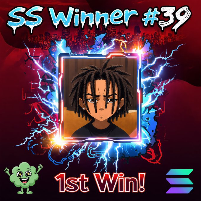 The image features a cartoon character with dreadlocks wearing a black shirt and has a green face. The background of the image is red with blue lightning bolts, giving off an energetic vibe. In the center of the image, there's a frame that says "SS Winner #39". Below this, there are three lines of text: "1st Win!", "@Ste_ven21", and "#SOL". These elements create a sense of accomplishment for the winner.