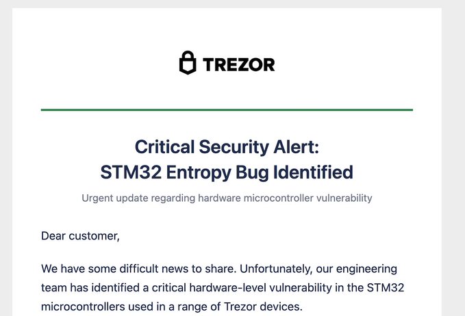 A Trezor security alert titled 'Critical Security Alert: STM32 Entropy Bug Identified' warning customers about a hardware microcontroller vulnerability.