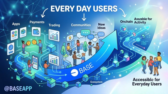 An infographic titled 'EVERY DAY USERS' for '@BASEAPP', illustrating how users engage in apps, payments, trading, communities, and new ideas to assemble on-chain activity.