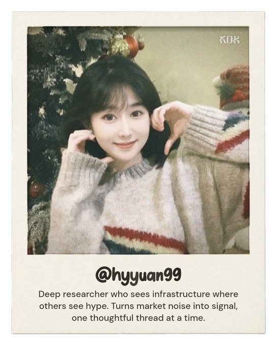 Polaroid-style photo of a young woman in a striped sweater making a heart shape with her hands, with a caption reading "@hyyuan99 Deep researcher who sees infrastructure where others see hype. Turns market noise into signal, one thoughtful thread at a time."
