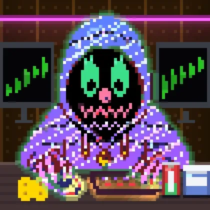 Pixel art depicts a creepy hooded figure with a black skull-like face, glowing green eyes, and a wide toothy grin, sitting at a desk with monitors showing green graphs.