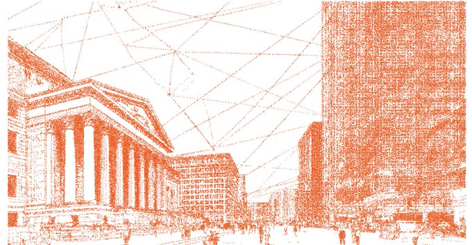 Orange and white stylized illustration depicting classical and modern architecture connected by network lines, suggesting a technological or financial theme.