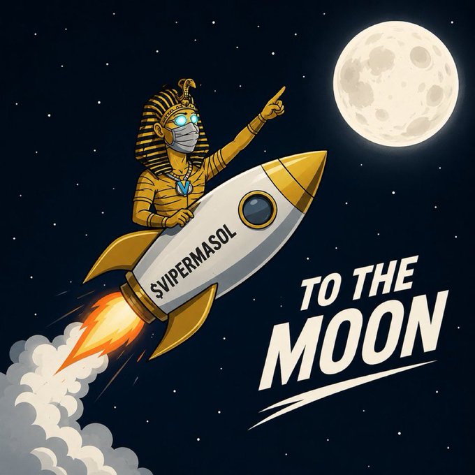 The cartoon image shows an Egyptian pharaoh wearing a face mask and blue glowing eyes riding a rocket labeled "$VIPERMASOL" toward a large moon, with the bold text "TO THE MOON" displayed against a starry night sky—visually reinforcing the post's theme that $VIPERMASOL is launching toward a major milestone of 1,000 holders ahead of its airdrop.