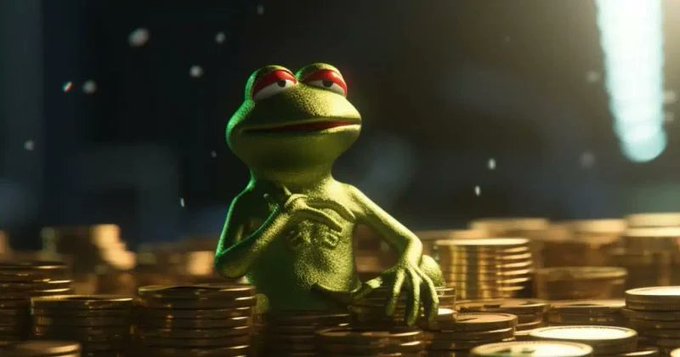 A green Kermit the Frog figurine sits among stacks of gold coins with a coin in its hand against a dark, sparkly background.