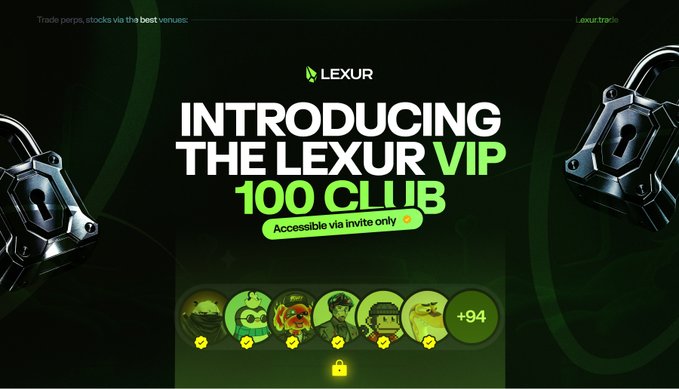 A promotional banner for 'LEXUR' advertising the 'LEXUR VIP 100 CLUB' accessible via invite only, featuring the Lexur.trade logo, green and black theme, padlock imagery, and a row of cartoon profile avatars.