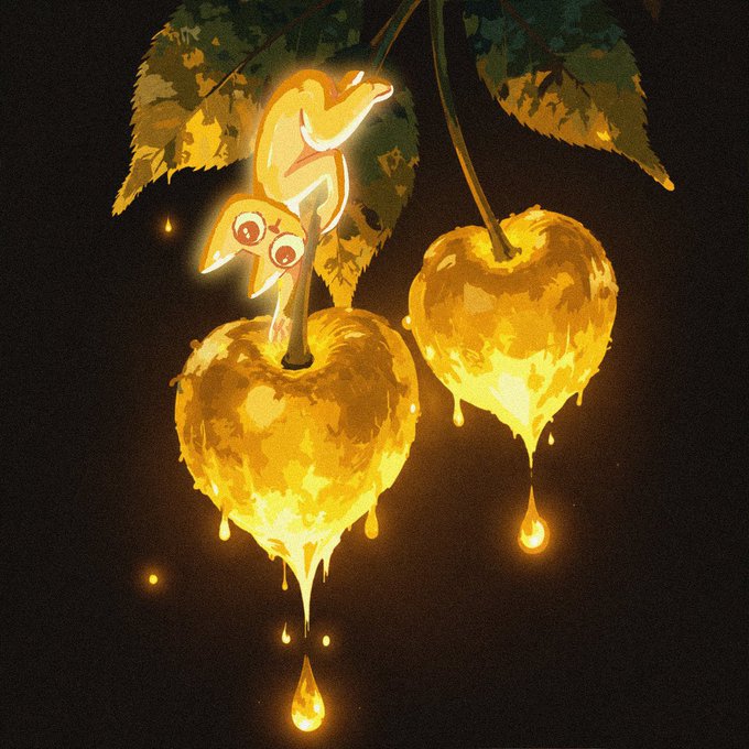 Two glowing golden cherries hang from a leafy branch, with honey-like liquid dripping from them and forming bright drops below. A small cartoon creature with glowing eyes peeks out from behind one cherry, and the imagery of sweet, dripping fruit serves as a visual metaphor for the "sweet rewards" of holding tokens that now distribute value to holders, rather than leaving them "holding the bag" with nothing if they were wrong.