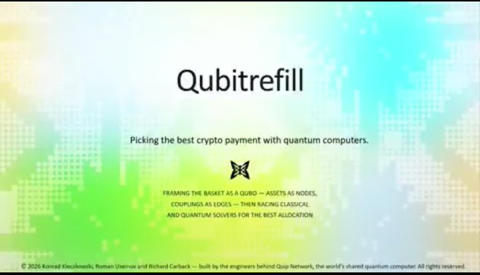 The image features a website called QuipNetwork with a green background that has a white border. The website's title reads "QuipNetwork" and there are two black text boxes below the title, one of which says "pick the best crypto payment with quantum computers". Below these, there is a small white banner with a black logo featuring a white bird.!
