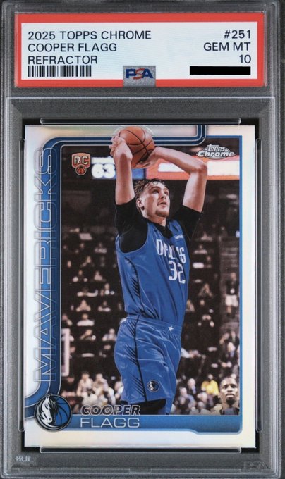 A 2025 Topps Chrome Cooper Flagg Refractor #251 card, graded GEM MT 10, is featured, likely indicating the release of new "COOP" launch packs.