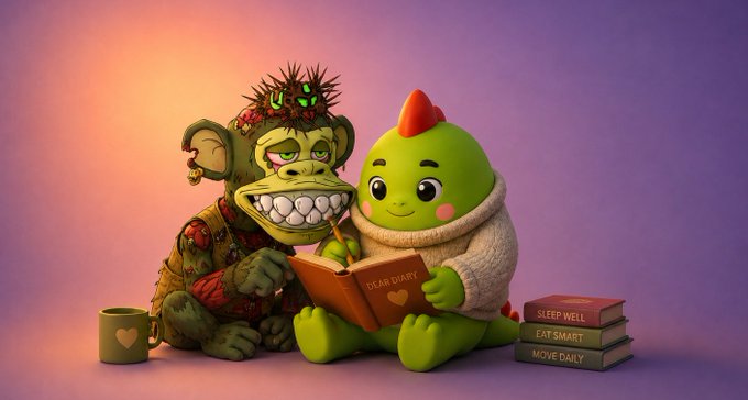 A 3D-rendered illustration of a green creature reading a 'Dear Diary' book alongside a zombie-like monster, with stacked books labeled 'Sleep Well, Eat Smart, Move Daily' beside them.