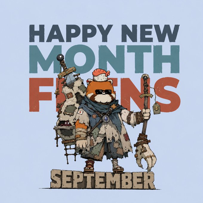 An illustration with text 'HAPPY NEW MONTH FRIENDS' and 'SEPTEMBER' showing a red panda character dressed as a scavenger in patchwork clothing, holding a spiked club with a small cat perched on its head.