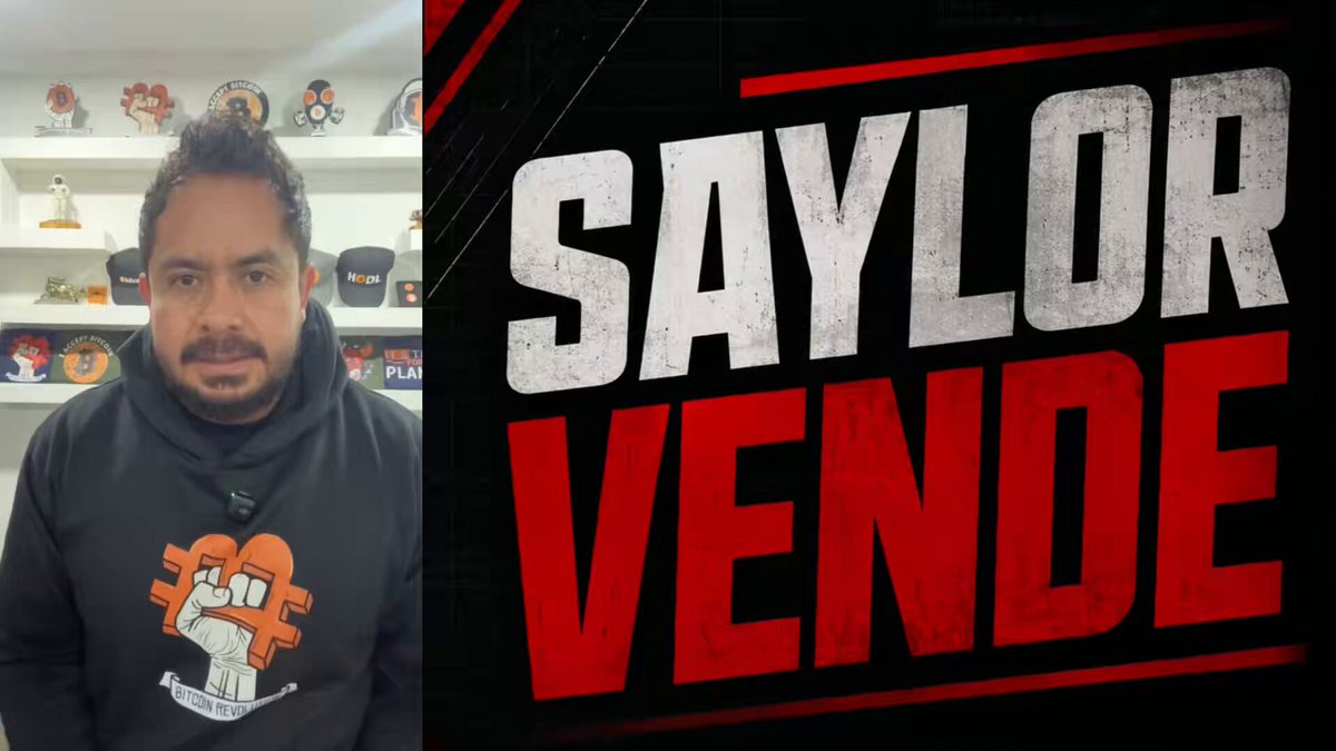 The image features a man wearing a black hoodie with a large graphic of a robot on it, standing next to a poster that has "Saylor Vende" written above him. The text suggests there's some kind of event or gathering related to cryptocurrency taking place at this location. The presence of the robot graphic could indicate that this might be an art exhibition focused on the theme of robots and artificial intelligence. However, what is also indicated in the image is that a man named Saylor is in trouble due to market forces, as he needs to raise money for Bitcoin by selling it in significant quantities. This event might be causing him stress but could potentially lead to a turnaround in his fortune.