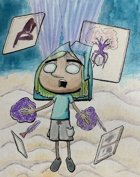 A hand-drawn illustration of a green-haired character with blank eyes, surrounded by floating purple brain imagery, playing cards, and abstract symbols.