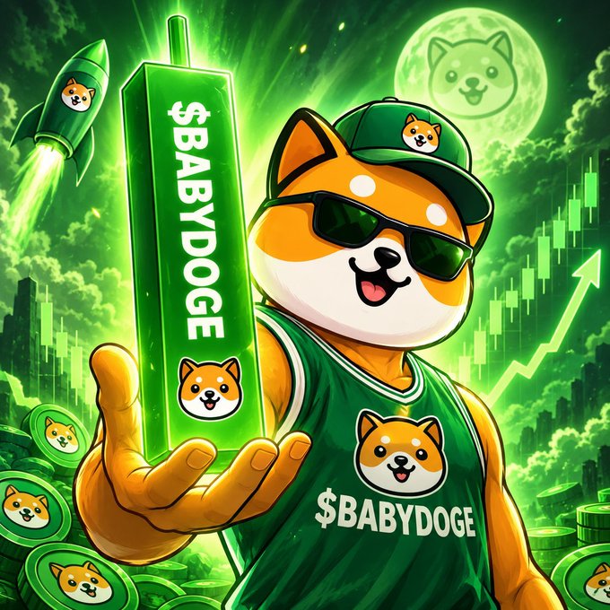 Digital artwork of a cartoon Shiba Inu dog wearing a green cap and sunglasses, holding a '$BABYDOGE' token against a green space background with a rocket ship and chart.