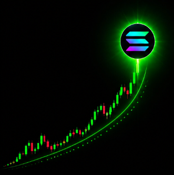 A financial chart showing a rising trend with green and red candlesticks, accompanied by the green Solana (SOL) logo at the peak.