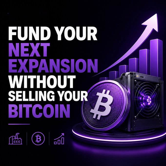 An advertisement reads 'FUND YOUR NEXT EXPANSION WITHOUT SELLING YOUR BITCOIN' in white and purple text, featuring an image of a Bitcoin coin and a mining rig with a purple growth chart arrow.