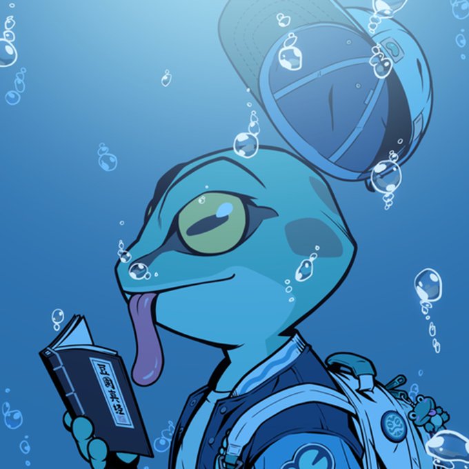 An anime-style blue lizard character underwater wearing a diving helmet and backpack, holding a book with Chinese characters on its cover.