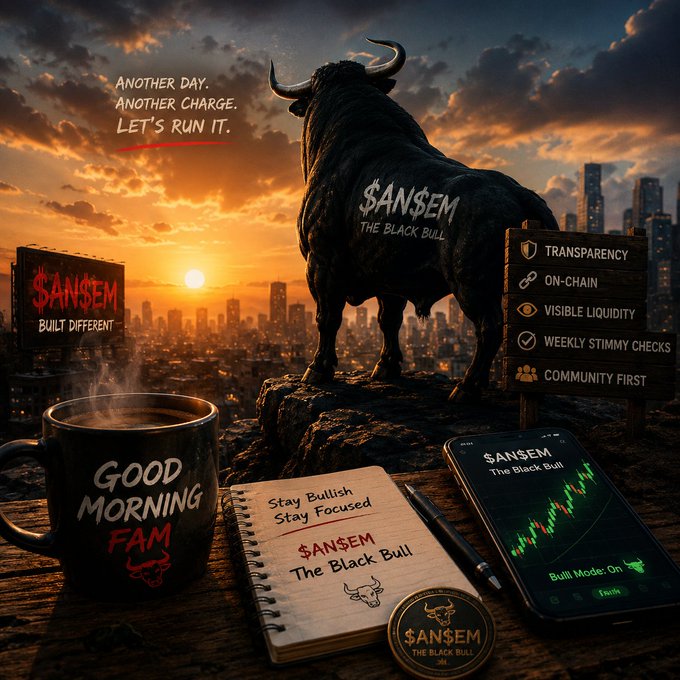 A promotional image for $ANSEM The Black Bull featuring a charging black bull with cityscape sunset, a 'Good Morning Fam' coffee mug, a notepad saying 'Stay Bullish Stay Focused', and a phone showing a green candlestick chart.