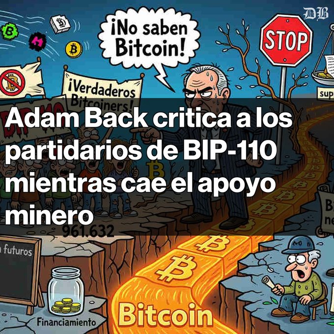 A cartoon illustration depicts a suited, sweating man pointing angrily while declaring '¡No saben Bitcoin!' amid falling miner support, with Spanish text overlay reading 'Adam Back critica a los partidarios de BIP-110 mientras cae el apoyo minero' alongside Bitcoin symbols and a 'STOP' sign.