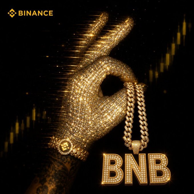 Binance promotional image featuring a golden diamond-encrusted hand holding a 'BNB' pendant chain against a candlestick chart background.