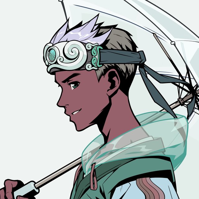 An illustration of a dark-skinned anime character with white and brown hair wearing goggles on their forehead and carrying an umbrella.