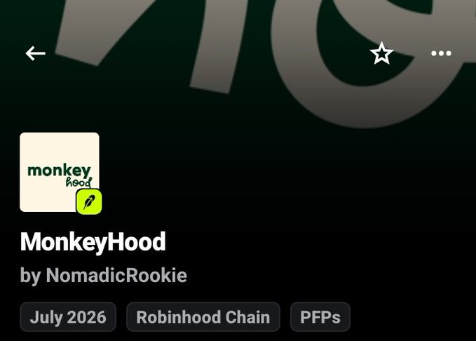 The image shows a Robinhood app listing for the upcoming "MonkeyHood" NFT collection by NomadicRookie, tagged with "July 2026," "Robinhood Chain," and "PFPs." It directly relates to the post, which announces that the Xeetersyn community is eligible for this anticipated MonkeyHood mint on Robinhood Crypto.