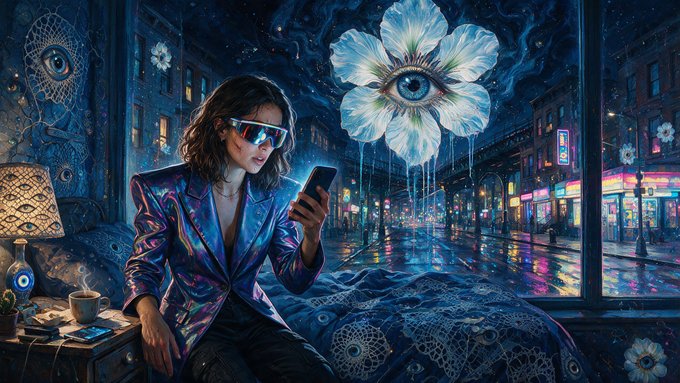 A digital painting shows a woman in a metallic blue jacket and sunglasses looking at her phone, sitting on a bed in a room with a window overlooking a rainy, neon-lit city street featuring giant, surreal flowers with eyes.
