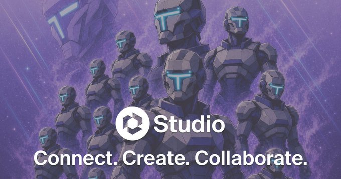 The image features a group of robots standing together, all wearing blue helmets that have a white logo on them. The text "Studio Connect, Create, Collaborate" is displayed above the group of robots. This suggests that the image could be related to an advertisement for Studio Studio, which is designed to showcase how the app can help users create and collaborate more efficiently in their work or gaming projects.