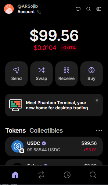 A screenshot of a mobile cryptocurrency wallet app showing an account balance of $99.56 USDC for the handle @ARSojib, with options for Send, Swap, Receive, and Buy.