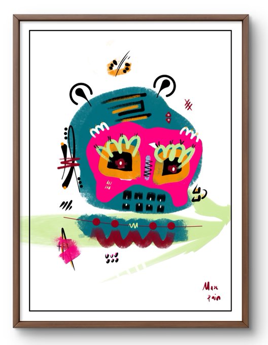 The image features a colorful and abstract painting of a skull with red eyes and pink nose, surrounded by various shapes and lines that create an interesting visual effect. The painting is displayed on a white wall, making it stand out against its background. The caption below the artwork reads "I'M LOOKING TO MINT THIS ON CHAIN FOR 0.06 eth @XCOPYART'S MAX PAIN let me know if you are interested, thanks." This suggests that someone has created this piece of art and is sharing it with others for feedback or appreciation.