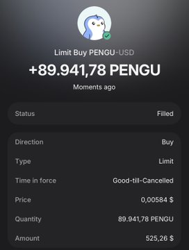A mobile screenshot showing a filled limit buy order for 89,941.78 PENGU tokens at $0.00584 per token, totaling $525.26 USD on the PENGU-USD pair.