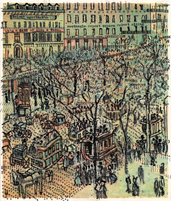 An impressionistic, mixed-media illustration depicting a bustling city street scene filled with trams, pedestrians, and buildings, with the title 'CAM, SIX, SPLIT-ARC - IMPRESSION' visible in the upper portion.