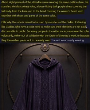 The image features a purple robe hanging on a hanger, with text that reads "About eight percent of the attendees were wearing the same outfit as the standard Venian privacy robes." The text also mentions "the looser fitting dark purple dress covering the wearer's head," and "the Order of Steing.